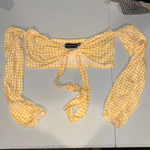 Yellow checkered bandeau crop top with sleeves